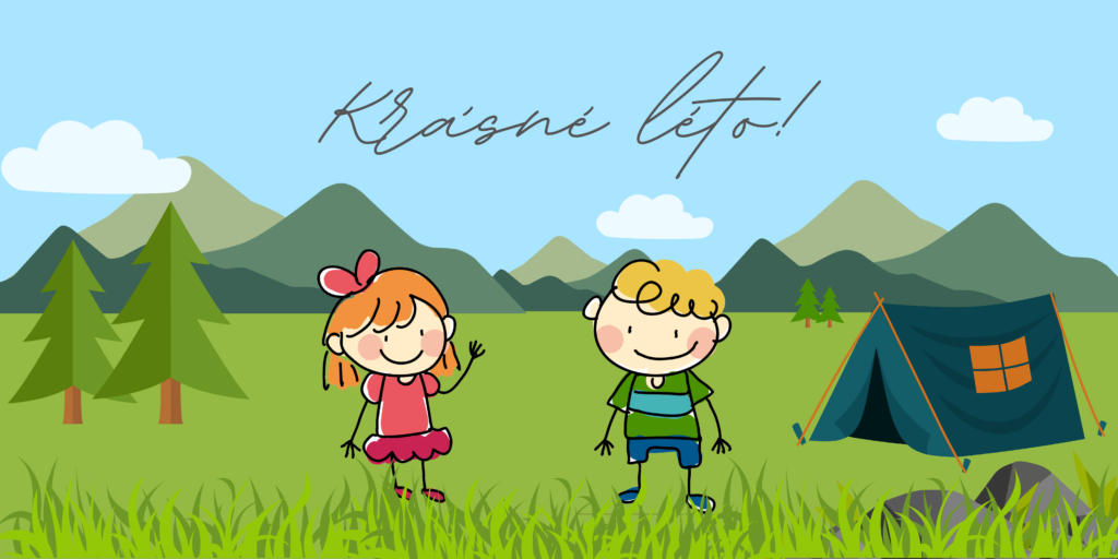 Ilustrace dětí na letním táboře s přáním krásného léta.